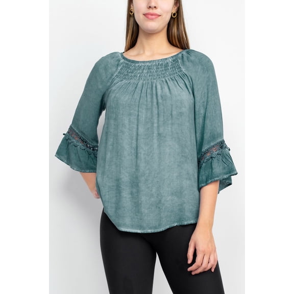 Floral + Ivy Round Neck 3-4 Sleeve Ruched Neck Rayon Top-DENIM / S
