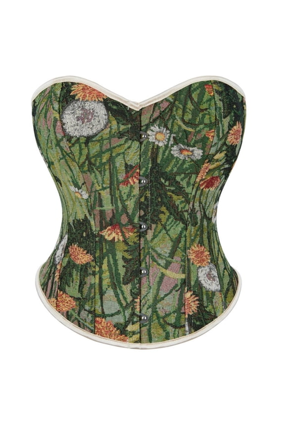 Floral Jacquard Overbust Goth Corset Tops for Women, Bustier Top with Front Busk Closure and Supportive Boning Design Green 2XL