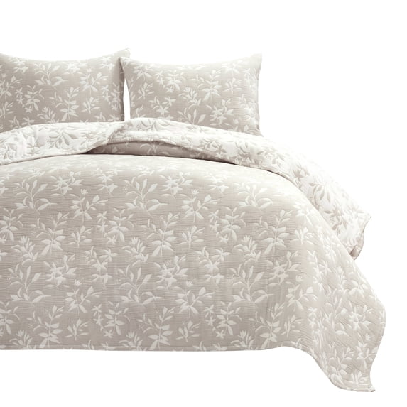 Lush Decor Floral Jacquard Reversible Soft Matelasse Quilt Set, 3 Piece Set, Full/ Queen, Neutral - Floral Bedding Set - Spring Decor - Queen Bedding - Cottage & Modern Farmhouse Decor