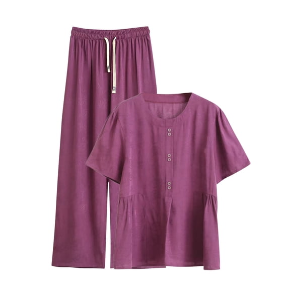 Floral Jacquard Two Piece Homewear Set for Women Short Sleeve Round Neck Shirt with Casual Pants Comfy Loungewear