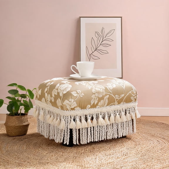 Floral Jacquard Upholstery Small Rectangular Accent Footstool Ottoman, Beige-Toned Woven Fabric