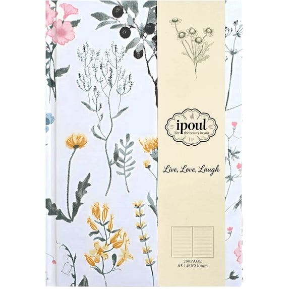 Floral Journal, Hardcover Notebook, A5, 6x8, Ruled, Lay-flat, Linen, Writing Journal, White