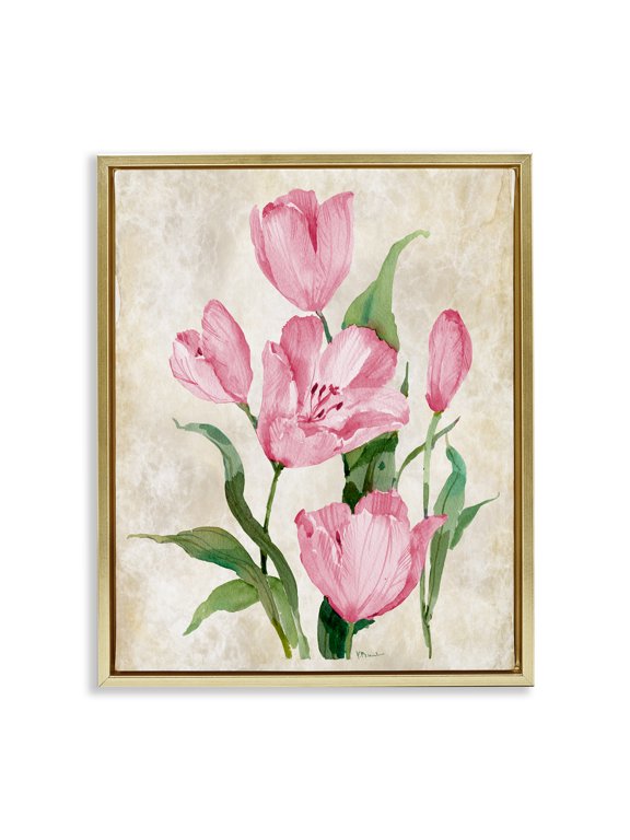 Industries Transitional Floral Journal Pink Tulips Gold Floating Frame Canvas Art, 25 x 31, by Paul Brent