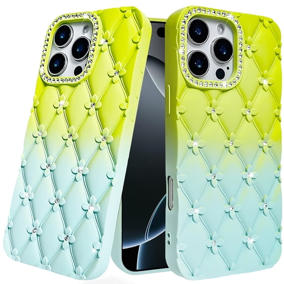 Floral Joy Diamond Crystal TPU Case for iPhone 16 Pro Max - Light Green Teal