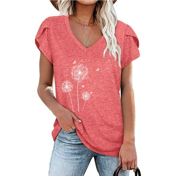 Floral Jumpsuits For Womensummer V-Neck Short Sleeve Dandelion Print Shirt For Women Women Dandelion Print T-Shirt Casual T-Shirt Blouse Dandelion Print Tunic Tops For Women Pink XXL