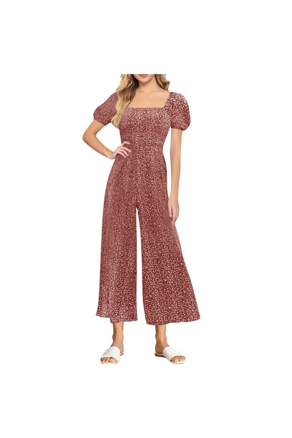 Floral Jumpsuits for Women Casual Square Neck Puff Sleeves Tunic Waist Flowy Wide nLEg Baggy Summer Jumpsuit for Vacation Beach Wine S-XL