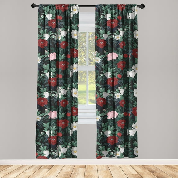 Floral Jungle Window Curtains, Colorful Design Flowers Boho Dreamy Blossom Pattern with Petals, Lightweight Decor 2-Panel Set with Rod Pocket, Pair of - 28"x95", Almond Green Ruby Ivory, by Ambesonne