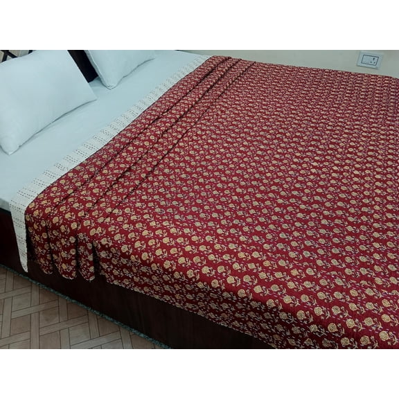 Floral Kantha Quilt, Hand Block Print Cotton Bedcover