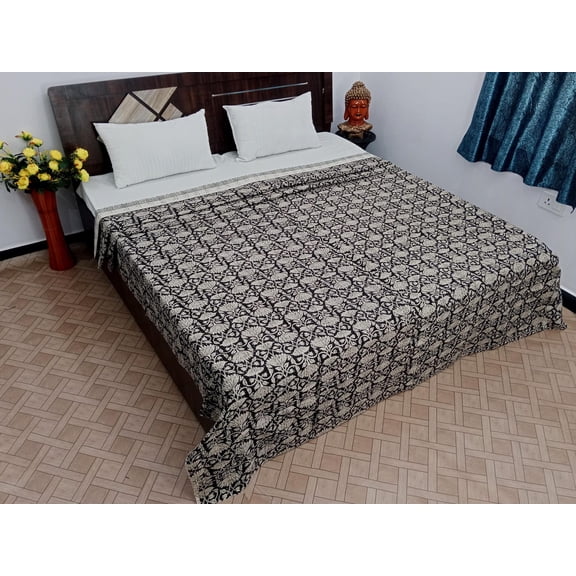 Floral Kantha Quilt: Hand Block Print Indian Bedding