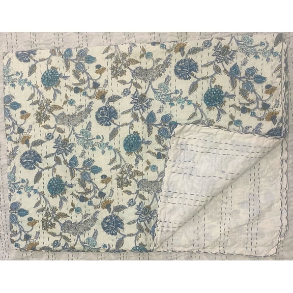 Floral Kantha Quilt: Hand-stitched Cotton Blanket with Bird Design