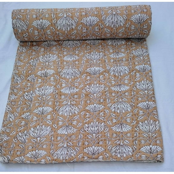Floral Kantha Quilt Handblock Print floral Kantha Indian Beddding Netural Colour Indian inspired Bedding Hand Stitched Rural Quilted A And E Textiles House