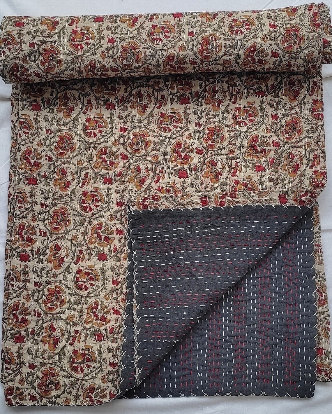 Floral Kantha Quilt Handblock Print floral Kantha Indian Netural Colour Indian inspired Bedding Hand Stitched Rural Quilted Bedding Quilt A And E Textiles House
