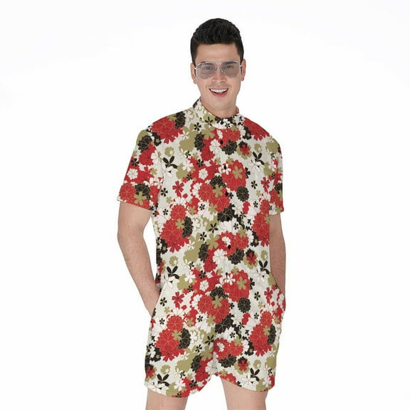 Floral Kimono Pattern Short Sleeve Men'S Rompers Casual Summer Jumpsuits Outfit