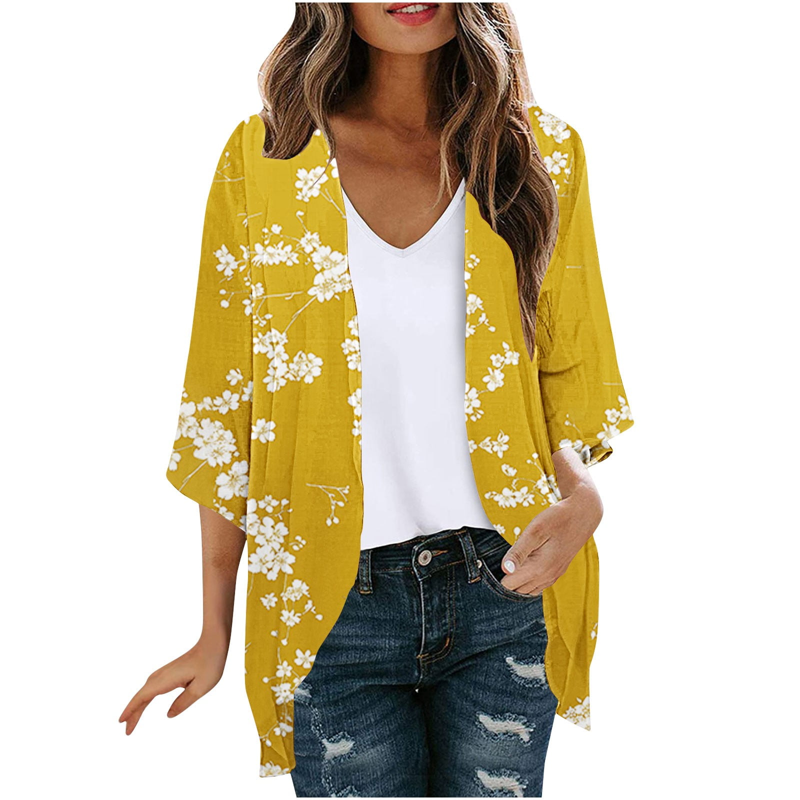 Floral Kimono for Women Casual Elegant 3/4 Sleeve Vintage