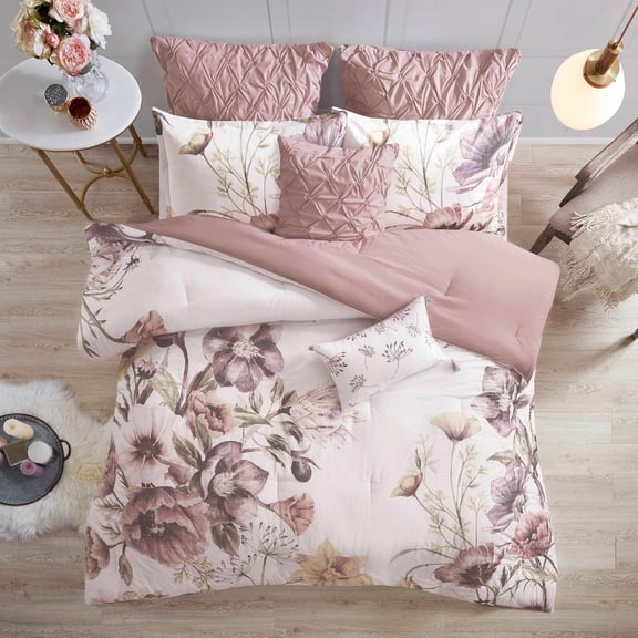 Floral King Comforter Set, Cotton Rich Bedding Set Feminine Design Shabby Chic King Size Comforter Sets, All Season Bed Cover with Shams, Bed Skirt, Dcor Pillow, Blush 8 Piece