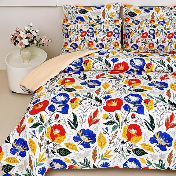 Floral King Comforter Set With Sheets 7 Piece Luxury Vintage Bedding Soft Microfiber Bed In A Bag Cozy Lightweight Blue Orange Flower