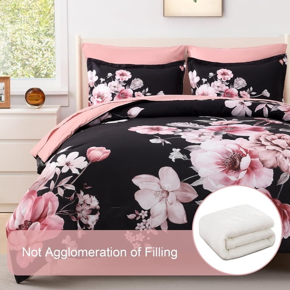 Floral King Size Comforter Set - 7 Piece Botanical Black and Pink Bed in a Bag Ulter Soft Microfiber Bedding Set, Lightweight Bed Comforter Set with Sheets for All Season (Black, King)