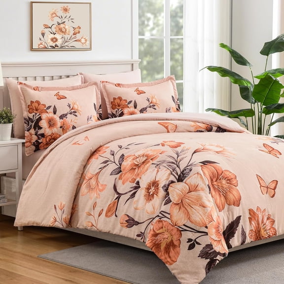 Floral King Size Comforter Set,7 Piece Orange Bed in a Bag, Elegant Flower Pattern Comforter Set with Sheet, Soft Microfiber Complete Bedding Sets for All Season