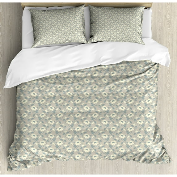 Floral King Size Duvet Cover Set, Blooming Petals Bouquet Shabby Chic Style Feminine Pattern Abstract Nature, Decorative 3 Piece Bedding Set with 2 Pillow Shams, Ivory Tan Blue Grey, by Ambesonne