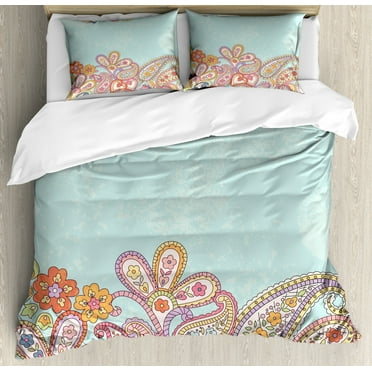 Floral King Size Duvet Cover Set, Hand Drawn Ornamental Horizontal Pattern Traditional Paisley on Vintage Background, Decorative 3 Piece Bedding Set with 2 Pillow Shams, Multicolor, by Ambesonne