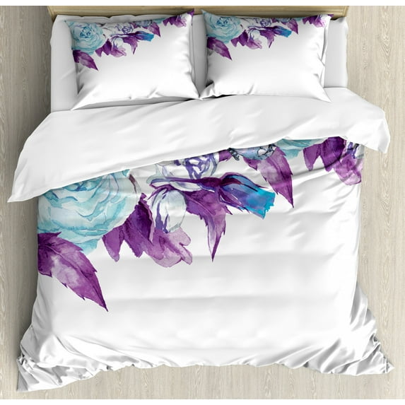 Floral King Size Duvet Cover Set, Vintage Classic Flower Petals Bridal Wedding Romance Shabby Chic Design Art, Decorative 3 Piece Bedding Set with 2 Pillow Shams, Pale Blue Purple, by Ambesonne