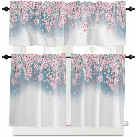 Floral Kitchen Curtain Valance and Tiers Set 3 Piece Farmhouse Window Treatment Rod Pocket Kitchen Spring Watercolor Peach Blossom Pink Valance Set for Small Window 54"X18"Cafe Curtain