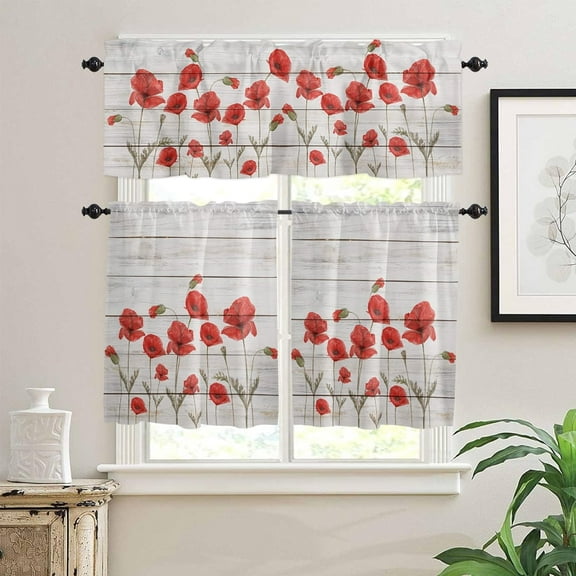 Floral Kitchen Curtain Valance and Tiers Set Red Poppy Flower Rod Pocket Kitchen Tier Curtains Valance Set 3 Piece Watercolor Spring Flower Retro Wood Grain Window Curtain Valance Tier Set 54 x 36 in