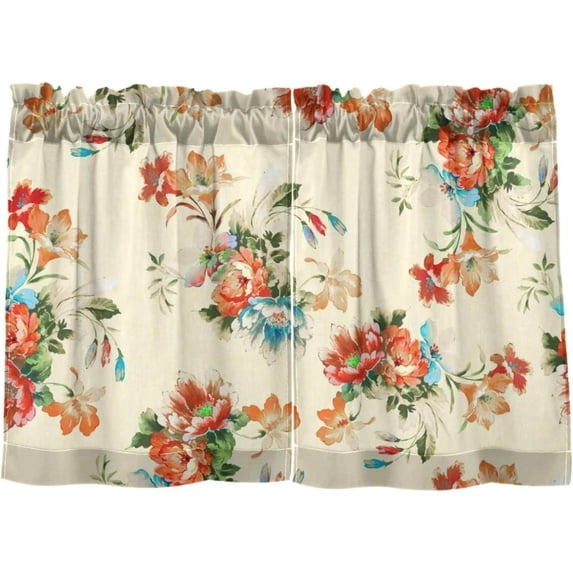 Floral Kitchen Curtains 2 Panels UV Protected Tier Curtains, Half Window Curtains Kitchen Tiers for Guest Room Bathroom Sink Laundry Room Basement,24 x 27 Inch