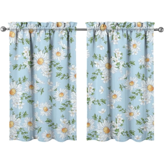 Floral Kitchen Curtains 24 Inch Length Blue Window Curtain Over Sink Spring Summer Small Short Tier for Bathroom Cafe Rod Pocket (2 Panels, 27.5" W x 24" L)
