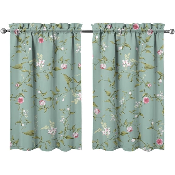 Floral Kitchen Curtains 24 Inch Length Green Window Curtain Over Sink Spring Summer Small Short Tier for Bathroom Cafe Rod Pocket (2 Panels, 27.5" W x 24" L)