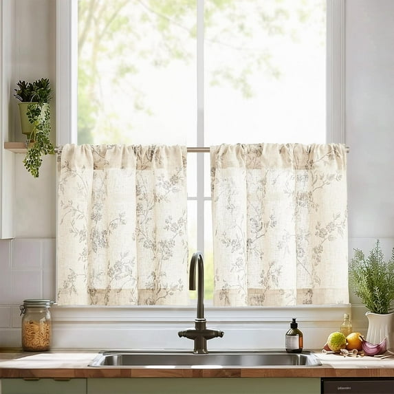 Floral Kitchen Curtains 24 Inch Linen Tier Curtains Farmhouse Cafe Half Window Drapes Over Sink Light Filtering for Living Room Laundry RV Rod Pocket 2 Panels Grey on Beige