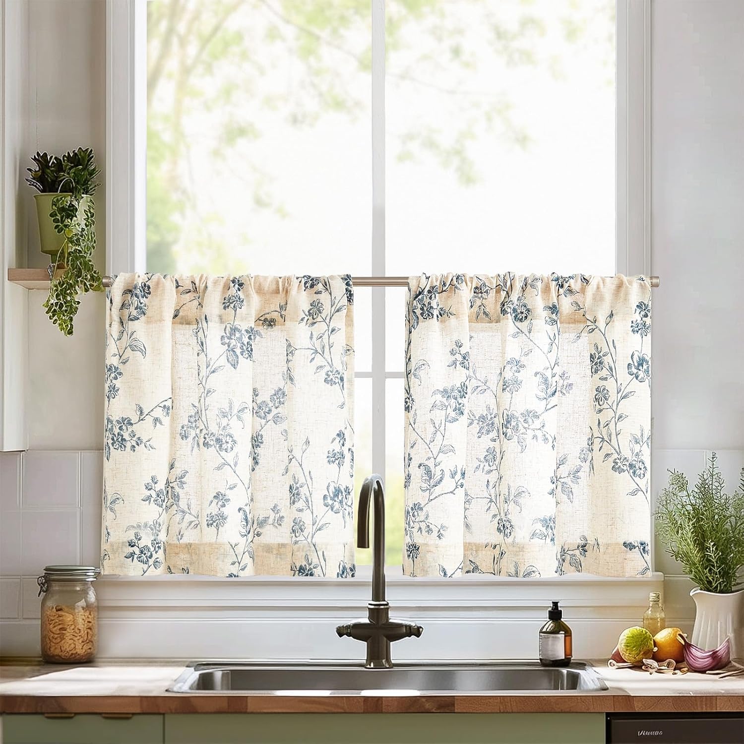 Floral Kitchen Curtains 24 Inch Linen Tier Curtains Farmhouse Cafe Half Window Drapes Over Sink Light Filtering for Living Room Laundry RV Rod Pocket 2 Panels Blue on Beige