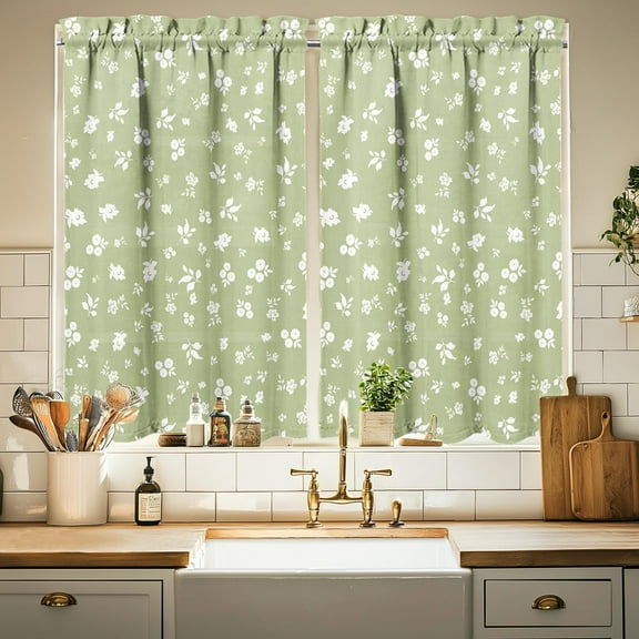 Floral Kitchen Curtains 36 Inch Length Sage Green Window Curtain Over Sink Spring Small Short Tier for Bathroom Cafe Rod Pocket (2 Panels, 27.5" W x 36" L)