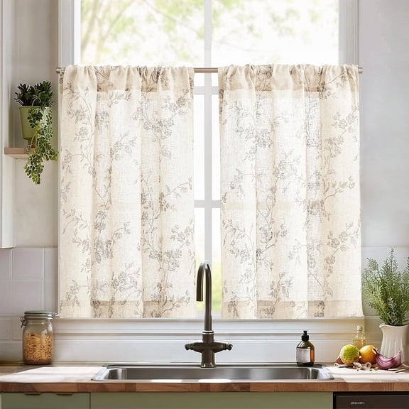 Floral Kitchen Curtains 36 Inch Linen Tier Curtains Farmhouse Cafe Half Window Drapes Over Sink Light Filtering for Living Room Laundry RV Rod Pocket 2 Panels Grey on Beige