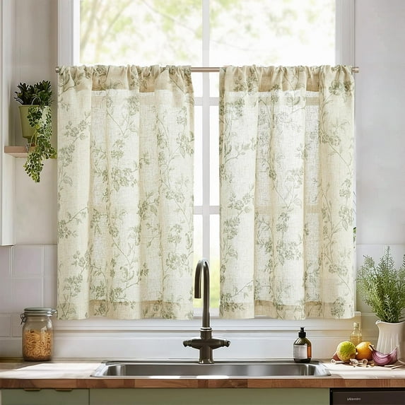 Floral Kitchen Curtains 36 Inch Linen Tier Curtains Farmhouse Cafe Half Window Drapes Over Sink Light Filtering for Living Room Laundry RV Rod Pocket 2 Panels Sage Green on Beige
