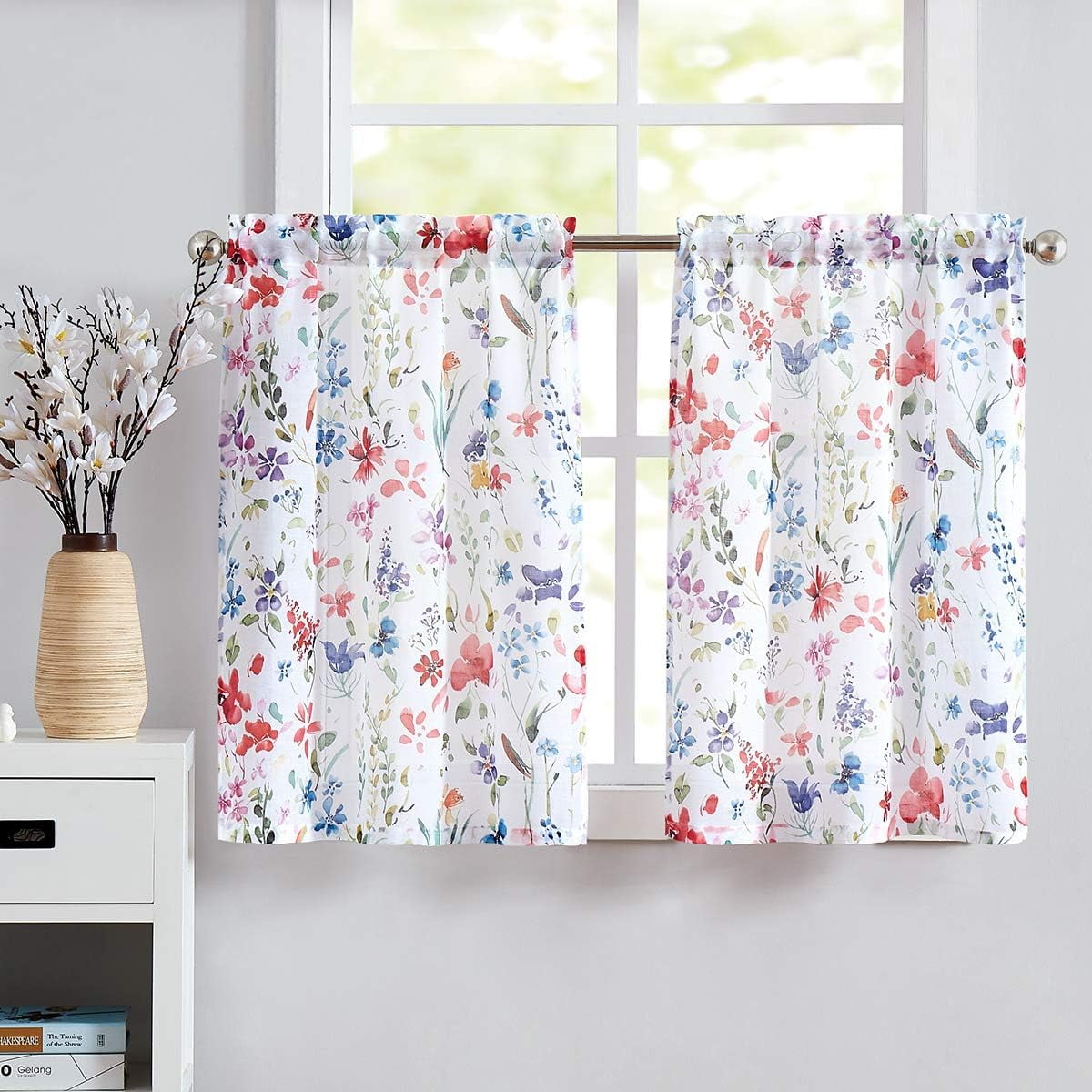 Floral Kitchen Curtains 36 inch Length Multi Color Red Flower Farmhouse Short Cafe Curtains Faux Linen Small Window Curtains for Bathroom 28" W x 36" L 2 Panels,Rod Pocket