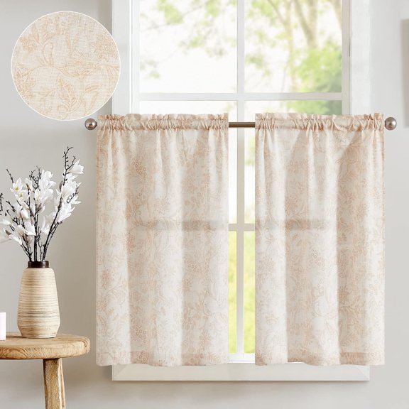 Floral Kitchen Curtains Linen Tier Farmhouse Cafe Curtains Country Botanic Window Rod Pocket Rustic Flax for Laundry Bathroom RV Panels Taupe on Beige