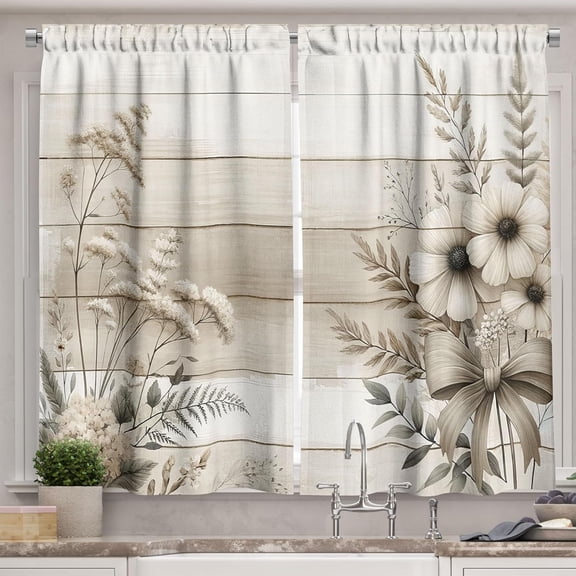 Floral Kitchen Curtains, Neutral Boho Rice Flowers and Leaves on Farmhouse Rustic Back Print, Window Drapes 2 Panel Set for Kitchen Cafe Decor, 55" x 30", Off White Grey Yellow