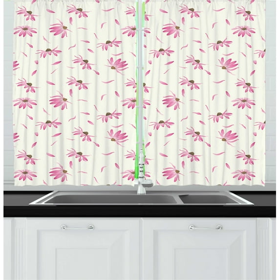 Floral Kitchen Curtains, Romantic Purpurea Cone Flower Plants Herbs and Flying Petals Vintage Layout, Two Panels Drapes with Rod Pocket Room Decor, 55" X 45", Ivory Pale Pink, by Ambesonne