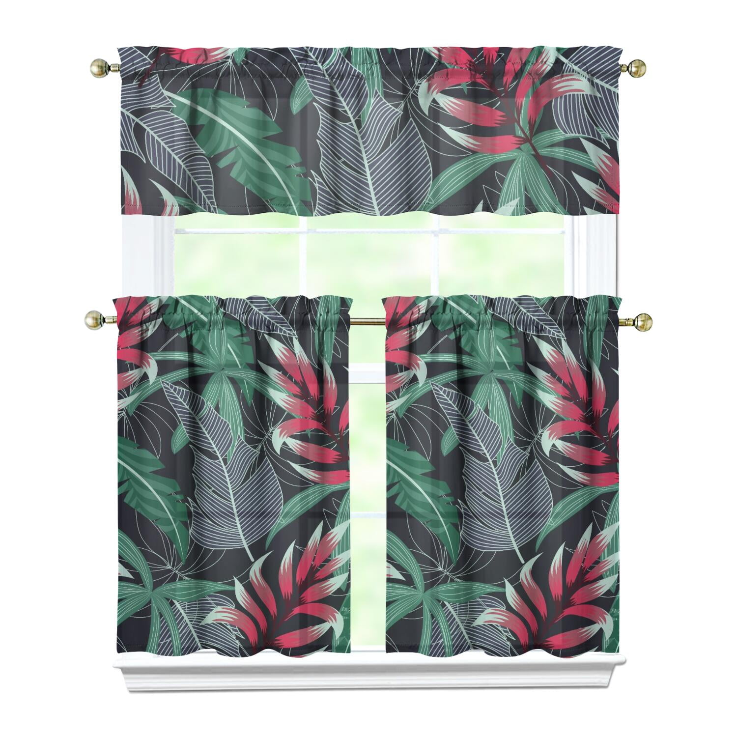 Floral Kitchen Curtains Set, Rod Pocket Tier and Valance, Tropical