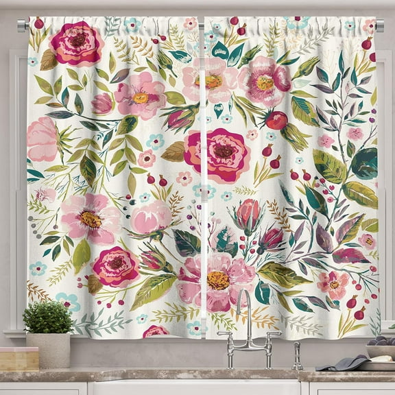 Floral Kitchen Curtains, Shabby Form Flowers Roses Petals Dots Leaves Buds Spring Season Theme Image Artwork, Window Drapes 2 Panel Set for Kitchen Cafe Decor, 55" X 39", Magenta