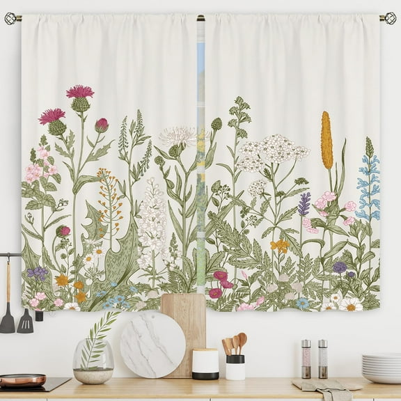 Floral Kitchen Curtains Small Wildflower Cafe Curtains Green Leaves Plant Botanical Rod Pocket Farmhouse Sage Herb Living Room Bedroom Window Drape Treatment Fabric 2 Panels 27.5 x 39 Inch