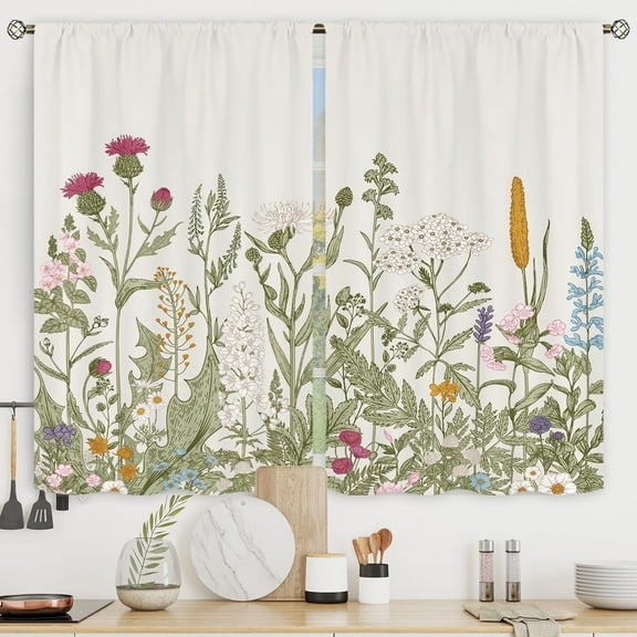 Floral Kitchen Curtains Small Wildflower Cafe Curtains Green Leaves Plant Botanical Rod Pocket Farmhouse Sage Herb Living Room Bedroom Window Drape Treatment Fabric 2 Panels 28 x 40 Inch