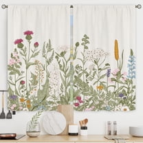 Floral Kitchen Curtains Small Wildflower Cafe Curtains Green Leaves Plant Botanical Rod Pocket Farmhouse Sage Herb Living Room Bedroom Window Drape Treatment Fabric 2 Panels 28 x 40 Inch