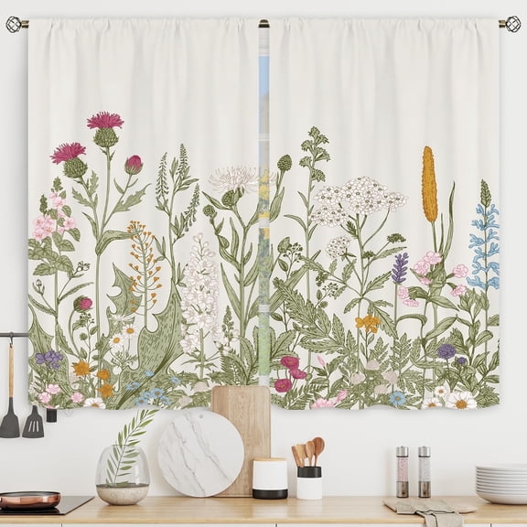 Floral Kitchen Curtains Small Wildflower Cafe Curtains Green Leaves Plant Botanical Rod Pocket Farmhouse Sage Herb Living Room Bedroom Window Drape Treatment Fabric 2 Panels 28 x 40 Inch