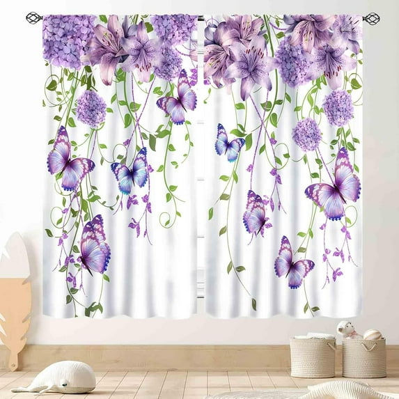 Floral Kitchen Curtains, Spring Flower Butterfly Purple Floral Farmhouse Country Kitchen Drapes Eucalyptus Leaves Blackout Window Treatments for Living Room Bedroom Nursery 2 Panel Sets, 42"x54" Inch