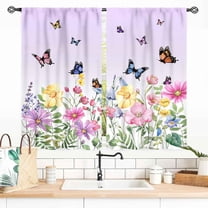 Floral Kitchen Curtains, Spring Flower Butterfly Purple Wildflower Watercolor Floral Farmhouse Country Short Window Curtains for Bathroom Living Room Bedroom Nursery 2 Panel Sets, 55x39 Inch