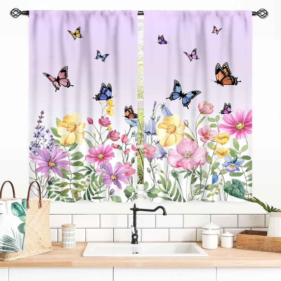 Floral Kitchen Curtains, Spring Flower Butterfly Purple Wildflower Watercolor Floral Farmhouse Country Short Window Curtains for Bathroom Living Room Bedroom Nursery 2 Panel Sets, 55x39 Inch