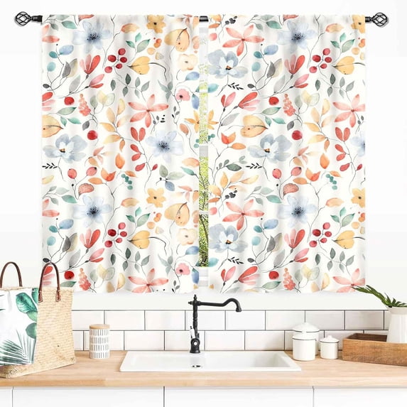Floral Kitchen Curtains, Spring Flower Watercolor Floral Print Farmhouse Samll Window Treatments Country Plants Botanical Blackout Drapes for Bedroom Living Room 2 Panel Sets, 55x39 Inch