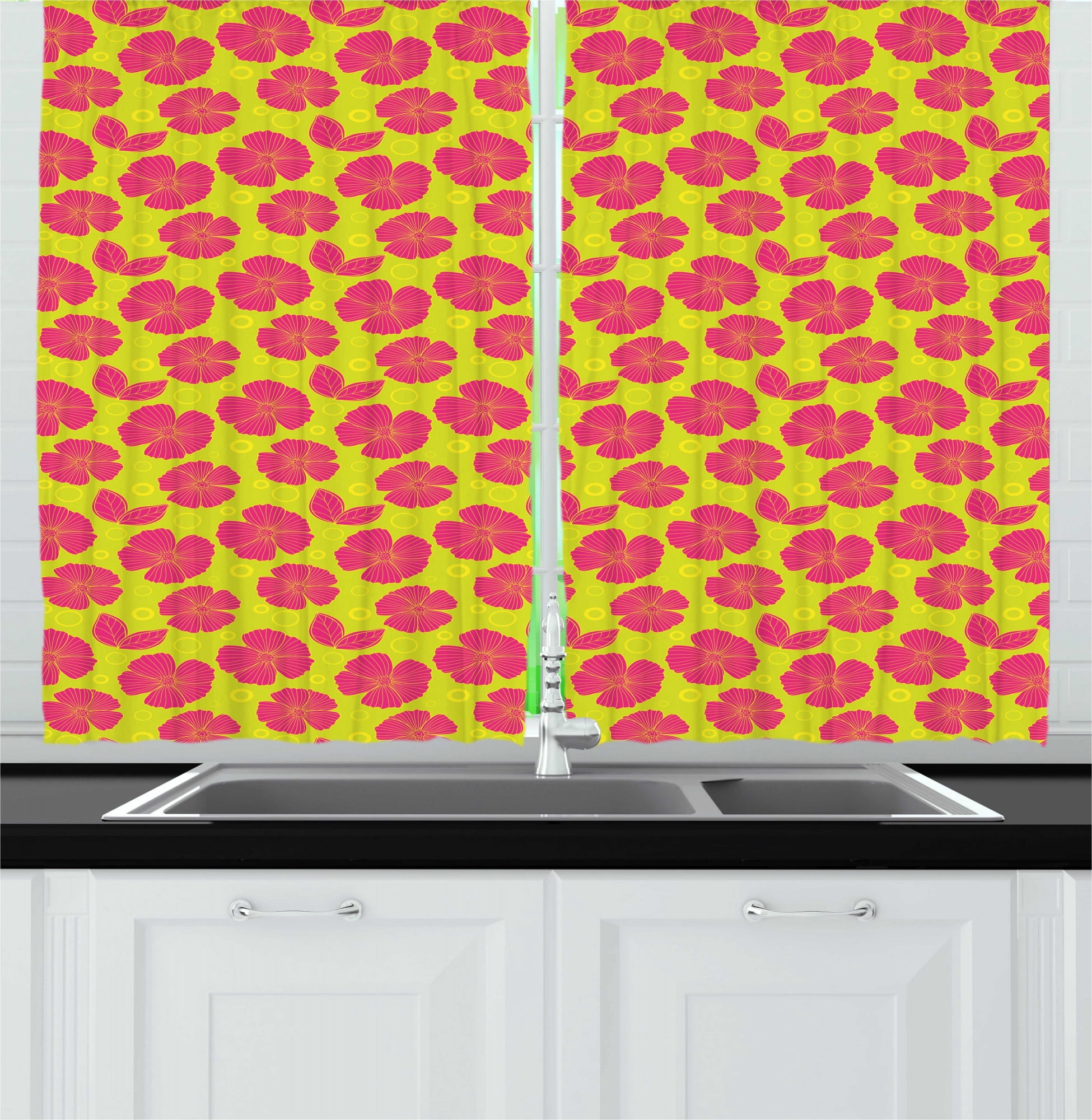 Drapery Top View Floral Kitchen Curtains, Top View Graphical Design of Colorful Dainty ...